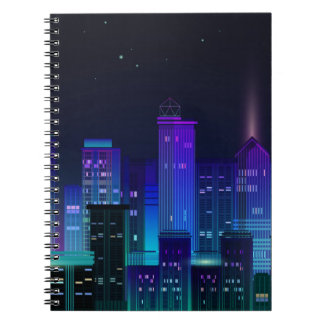 Night city panorama with neon glow on dark backgro notebook