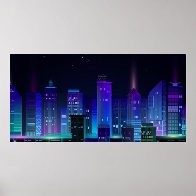 Night city panorama with neon glow on dark backgro poster (Front)