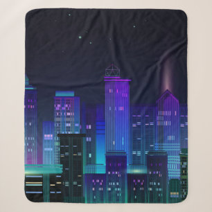 Night city panorama with neon glow on dark backgro sherpa blanket