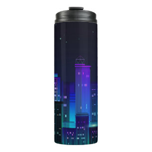 Night city panorama with neon glow on dark backgro thermal tumbler