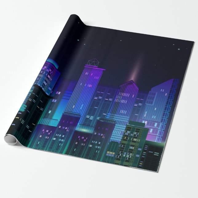 Night city panorama with neon glow on dark backgro wrapping paper (Unrolled)