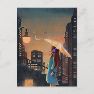 Night city rainy umbrella girl  postcard