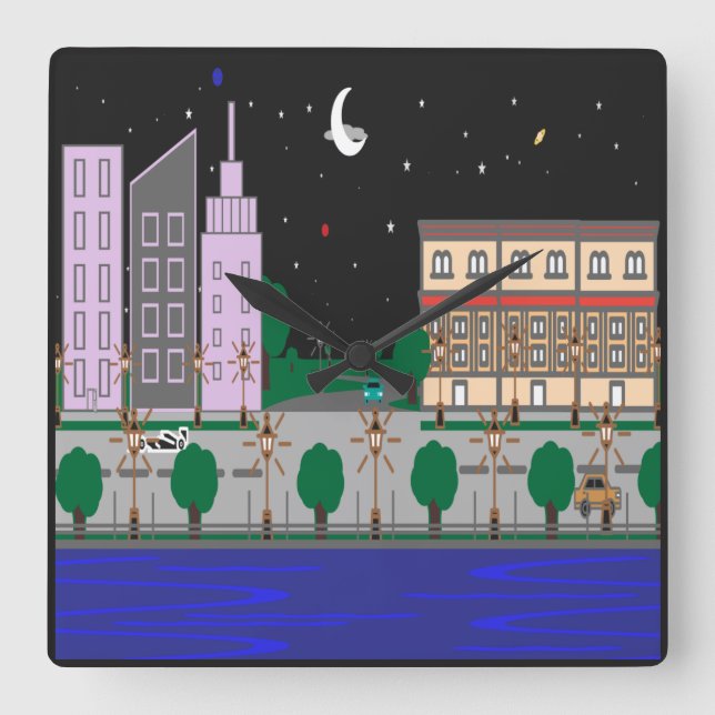 Night City Square Wall Clock (Front)