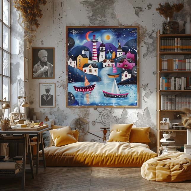 Night Coastal Village: Folk and Naive Landscape. Poster (Creator Uploaded)