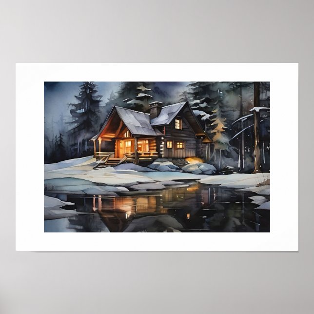 Night Cosy Winter Cabin Poster (Front)
