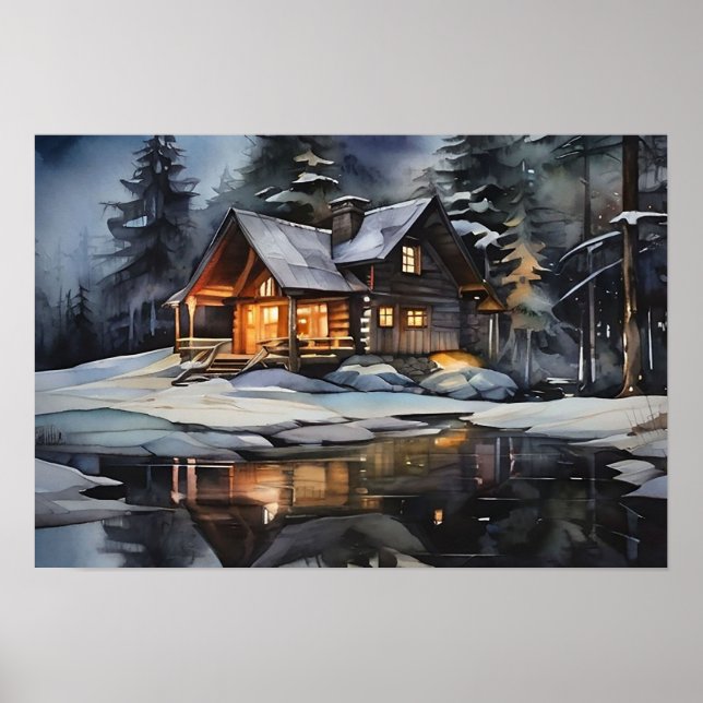Night Cosy Winter Cabin Poster (Front)
