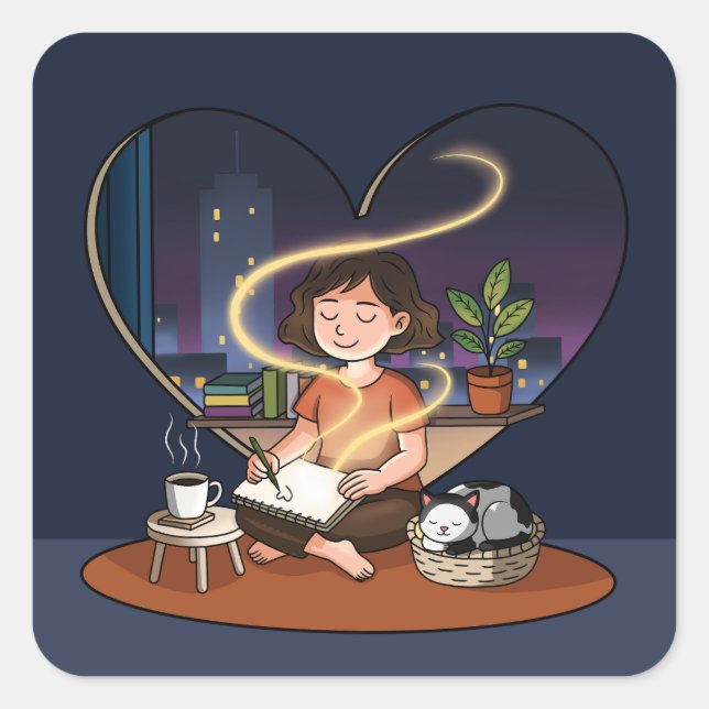 Night Creator Cozy Heart Window Art Square Sticker (Front)