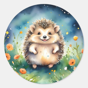 Night Cute Hedgehog With Flowers Classic Round Sticker