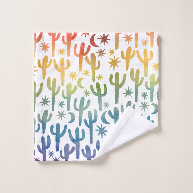 Night Desert Cactus Watercolor Pattern Rainbows Bath Towel Set (Wash Cloth)