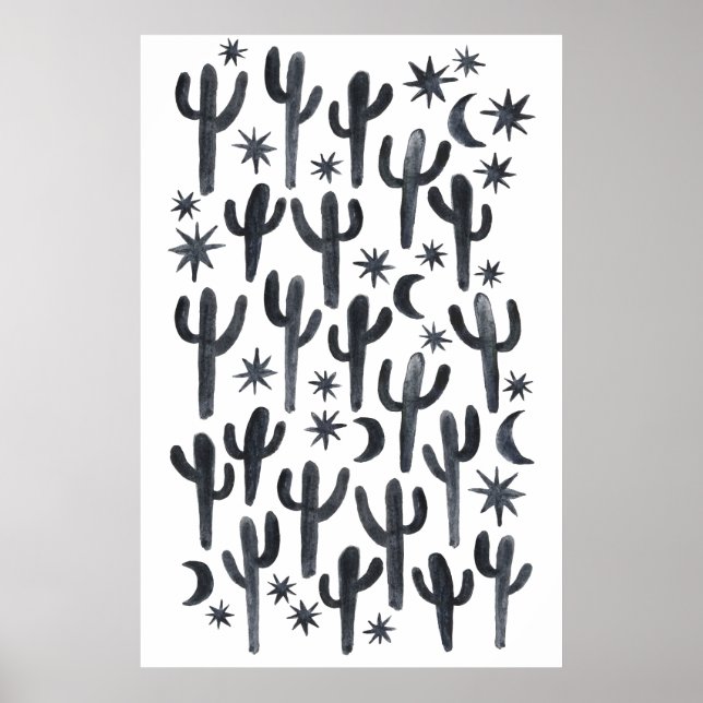 Night Desert Fun Cactus Indigo Pattern Watercolor Poster (Front)