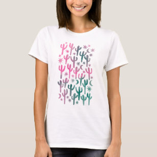 Night Desert Saguaro Cacti Pink Teal Watercolor T-Shirt