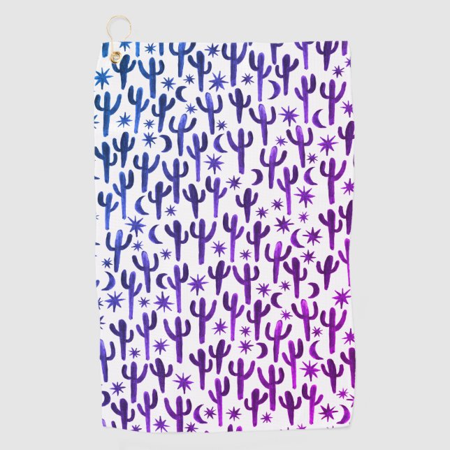 Night Desert Saguaro Cacti Watercolor Ombre Purple Golf Towel (Front)