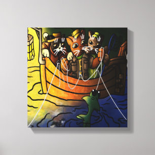 Night Fishing Cats Canvas Print