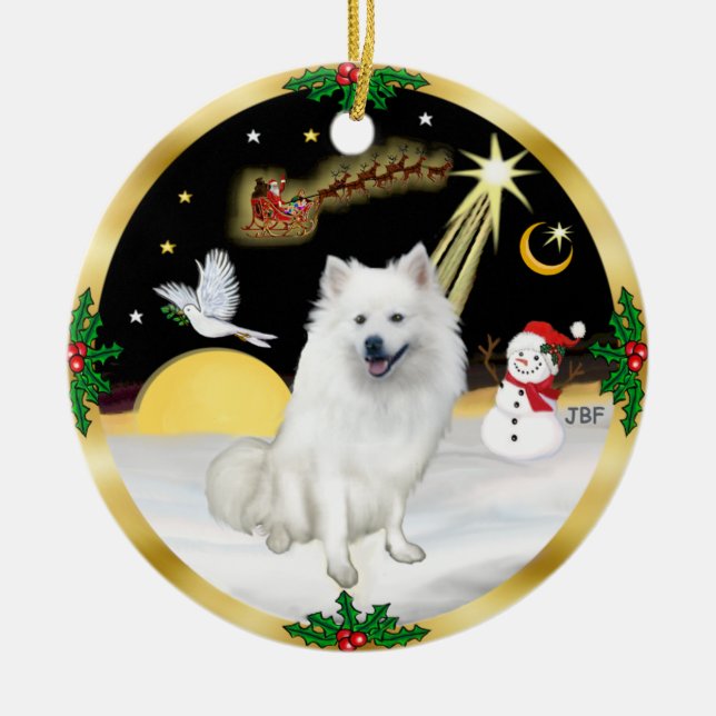 Night Flight -  American Eskimo Dog Ceramic Tree Decoration (Front)