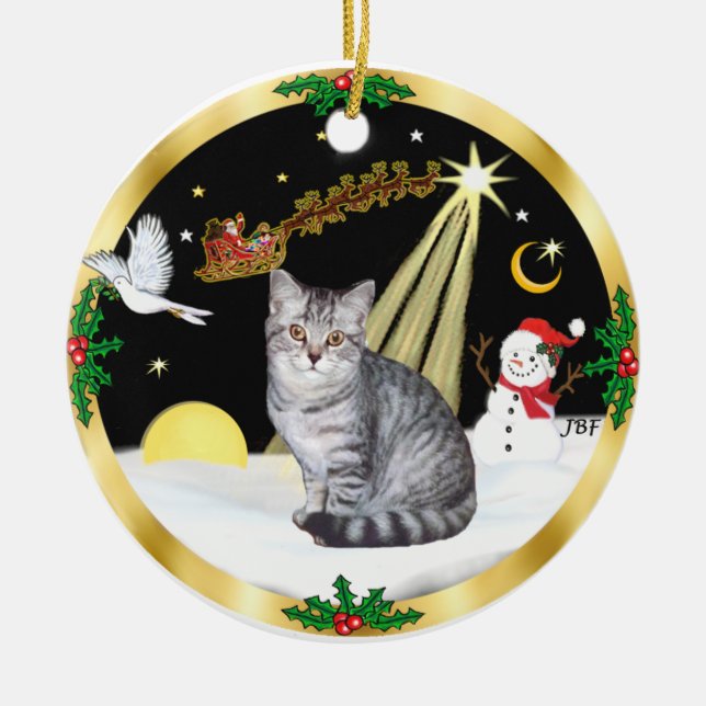 Night Flight (GW) - Silver Tabby cat Ceramic Tree Decoration (Front)