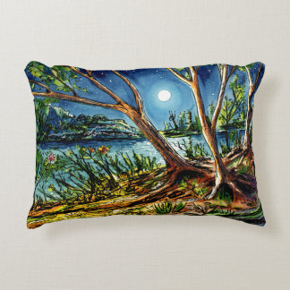 Night Forest and River Watercolor Accent Pillow