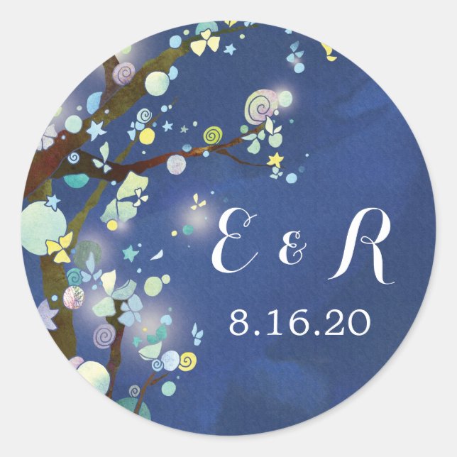Night Forest Blue Wedding Monograms Classic Round Sticker (Front)