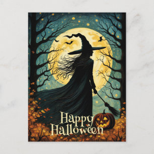 Night Forest Halloween Witch Full Moon Postcard