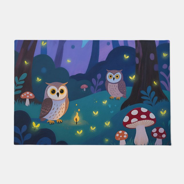 Night Forest Owls Illustration Doormat (Front)