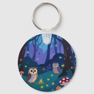Night Forest Owls Illustration Key Ring