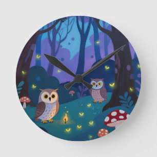 Night Forest Owls Illustration Round Clock