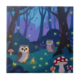 Night Forest Owls Illustration Tile