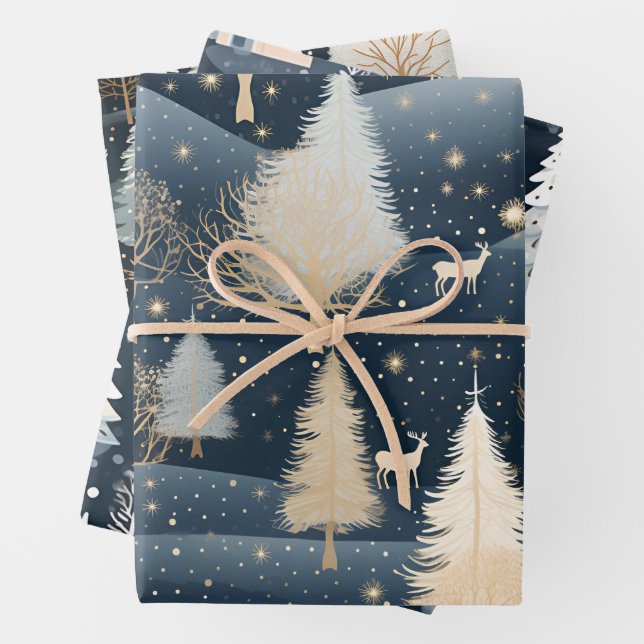 Night Forest Winter Village Wrapping Paper Sheet (In situ)
