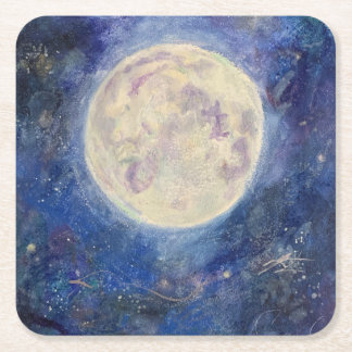 Night Full Moon Celestial Sky Maureen Girard Unive Square Paper Coaster