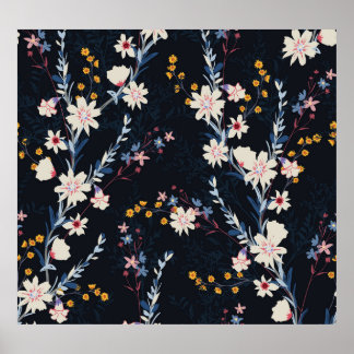 Night Garden Floral Navy Pattern Poster