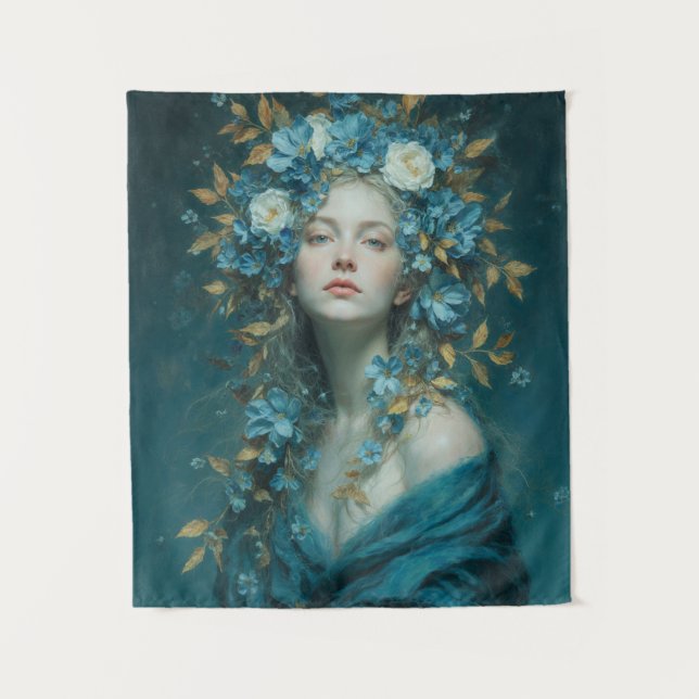 Night Goddess in Blue Flowers Tapestry (Front)