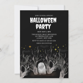 Night Graveyard Forest Spooky Bear Halloween Party Invitation
