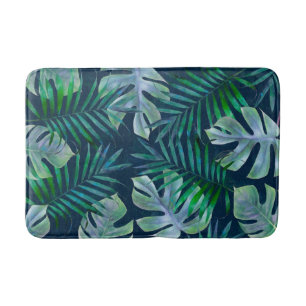 Night Green Tropical Leaves Bath Mat