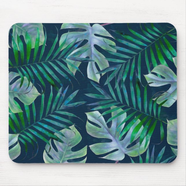 Night Green Tropical Leaves Mouse Pad (Front)
