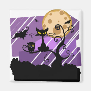 Night Halloween Moon Cat Tree Outside Owl Bat Magnet
