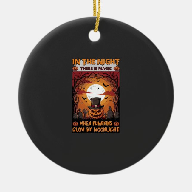 Night Halloween Pumpkin Top Hat Bats Graveyard_1 Ceramic Tree Decoration (Front)