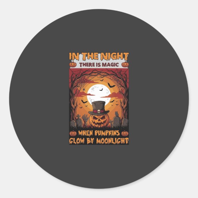 Night Halloween Pumpkin Top Hat Bats Graveyard_1 Classic Round Sticker (Front)