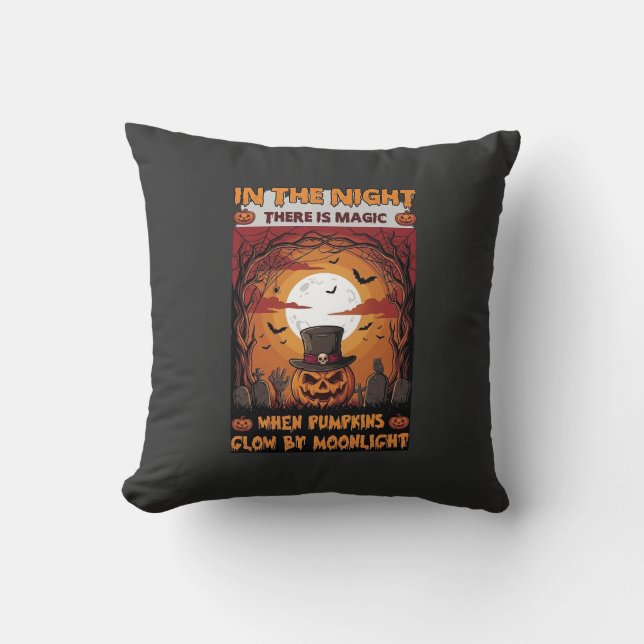 Night Halloween Pumpkin Top Hat Bats Graveyard_1 Cushion (Front)