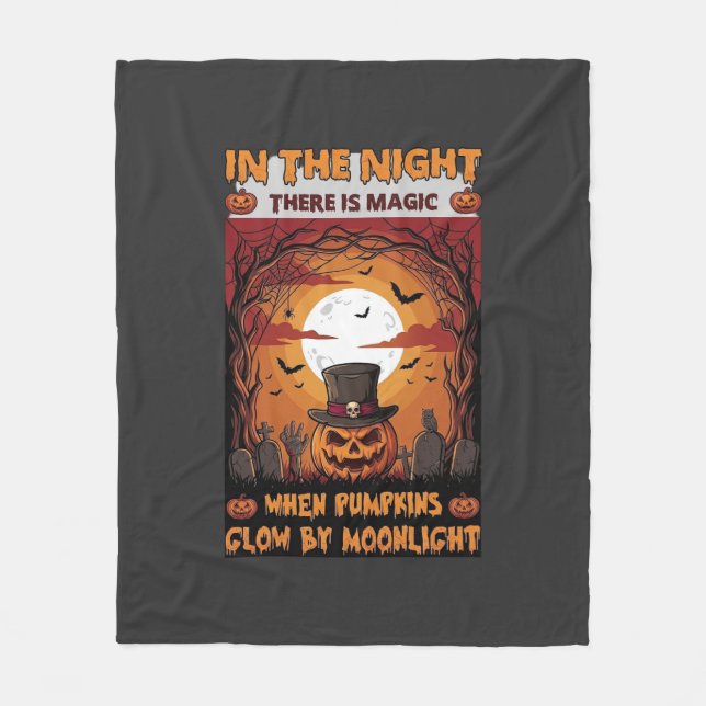 Night Halloween Pumpkin Top Hat Bats Graveyard_1 Fleece Blanket (Front)