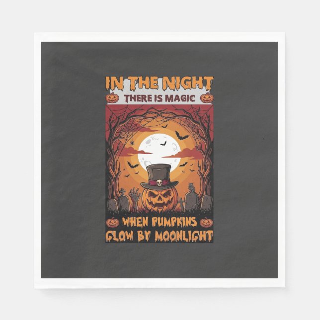 Night Halloween Pumpkin Top Hat Bats Graveyard_1 Napkin (Front)