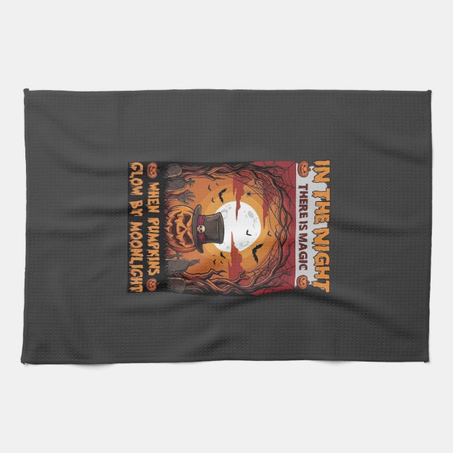 Night Halloween Pumpkin Top Hat Bats Graveyard_1 Tea Towel (Horizontal)