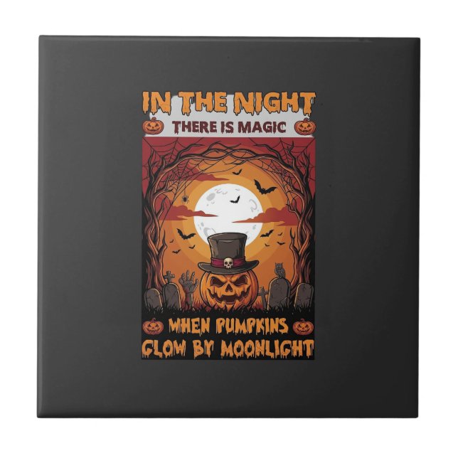 Night Halloween Pumpkin Top Hat Bats Graveyard_1 Tile (Front)