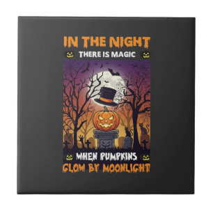 Night Halloween Pumpkin Top Hat Moon Graveyard Tile