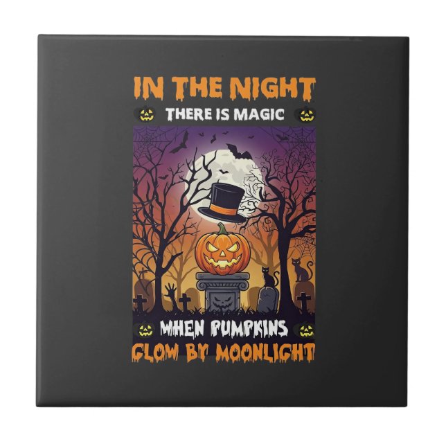 Night Halloween Pumpkin Top Hat Moon Graveyard Tile (Front)