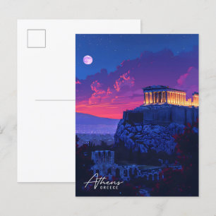 Night in Athens Greece Vintage Travel  Postcard