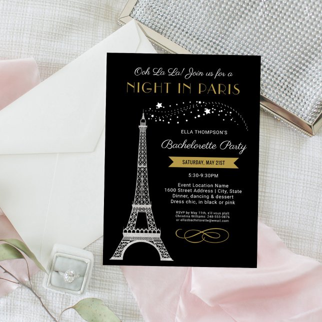 Night in Paris Eiffel Tower Gold Bachelorette Invitation (Creator Uploaded)