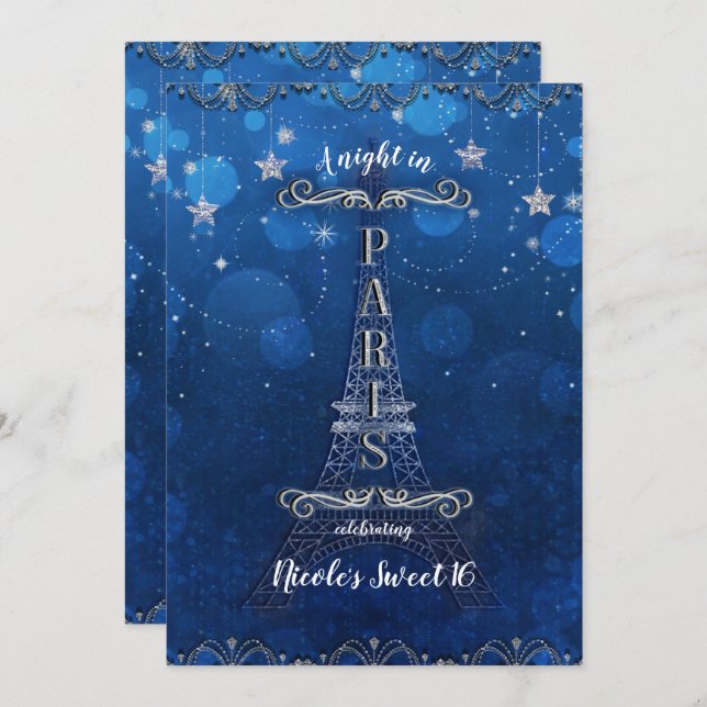 Night In Paris Under the Stars Blue Silver Party Invitation (Front/Back)