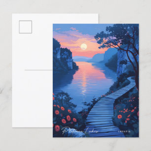 Night in Plitvice Lakes Croatia Vintage Travel  Postcard