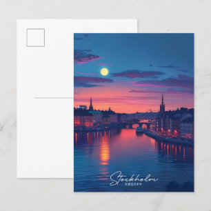 Night in Stockholm City Sweden Vintage Travel Postcard