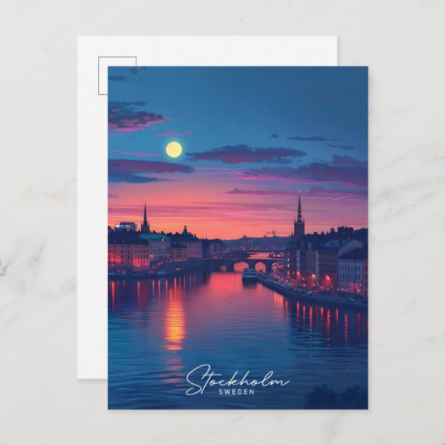 Night in Stockholm City Sweden Vintage Travel  Postcard (Front/Back)