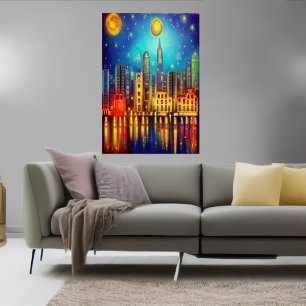 Night in the city by the lake AI Art Poster